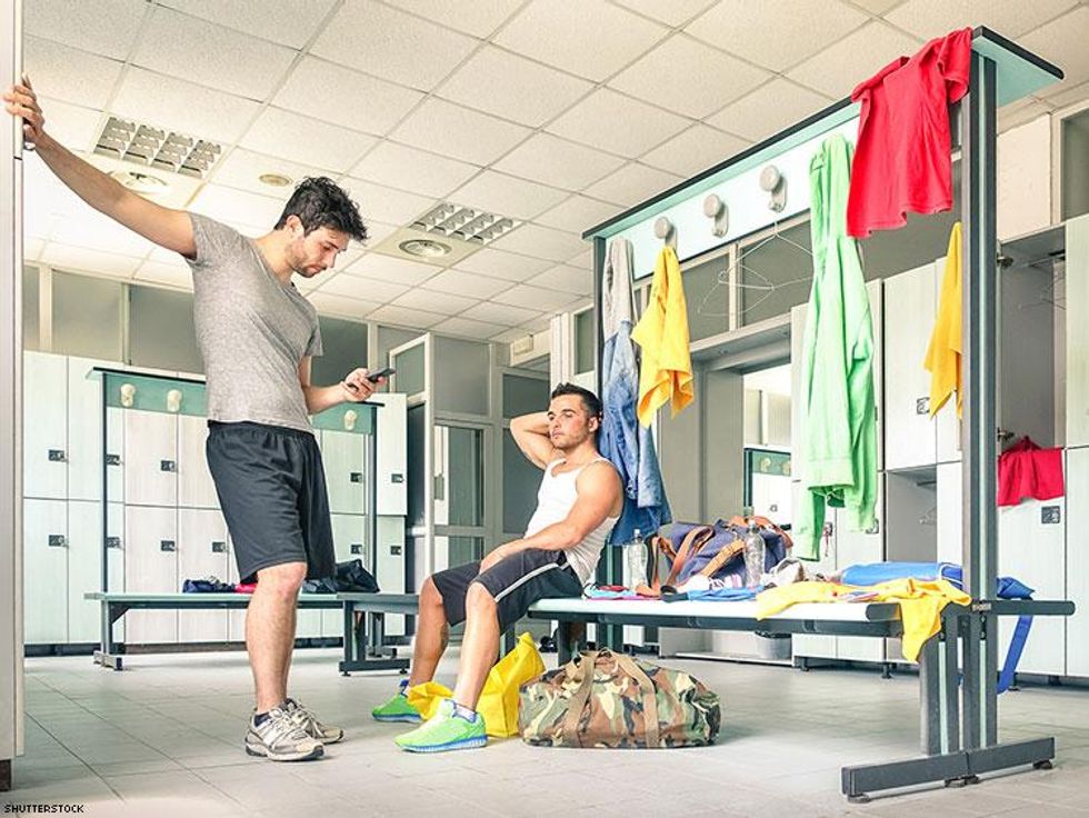 guys hanging out in gym locker room