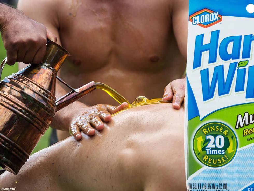 Handiwipe on left = gives oil massages. Handiwipe on right = likes oil massages.