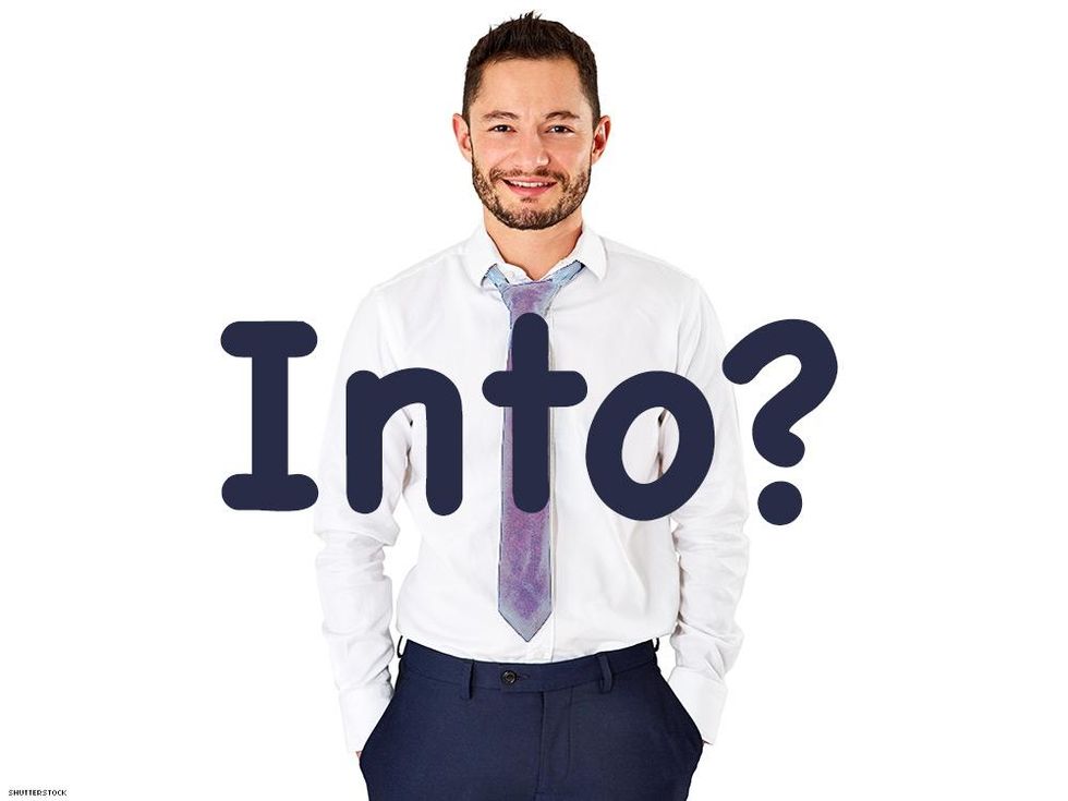 happy business man with the question Into across the middle