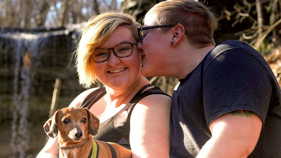 Happy Transgender Nonbinary Queer Couple Kiss Chosen Family Cute Dog