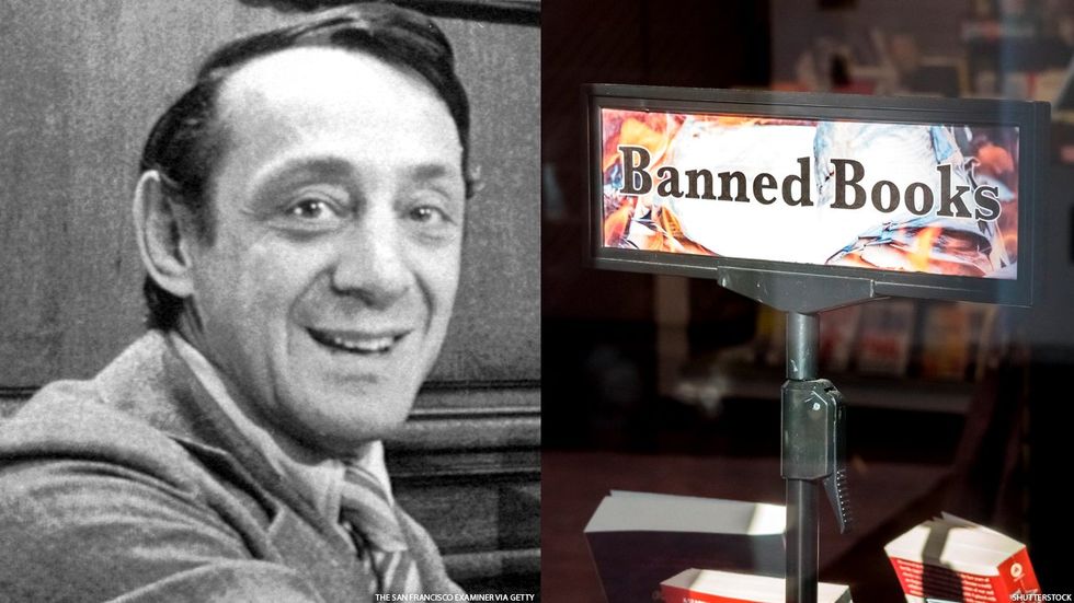 Harvey Milk and a sign that reads “banned books”