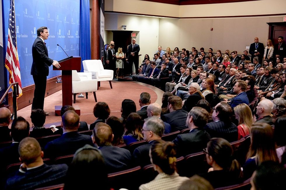 Heritage Foundation speaker Republican presidential candidate Florida Gov Ron DeSantis room full of whyte people