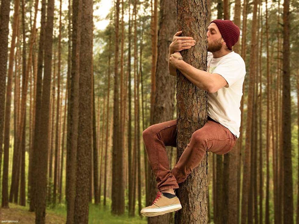 hipster guy hugging and kissing a tree
