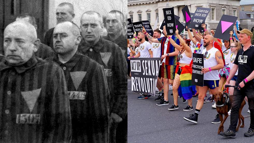 holocaust prisoners in striped uniforms bearing triangular badges on parade in Sachsenhausen Concentration Camp near Berlin Germany 19th December 1938 while Nazi officers stand guard alongside Representatives of the ACT UP Dublin group walking with banners in the Dublin LGBTQ Pride Festival in 2019