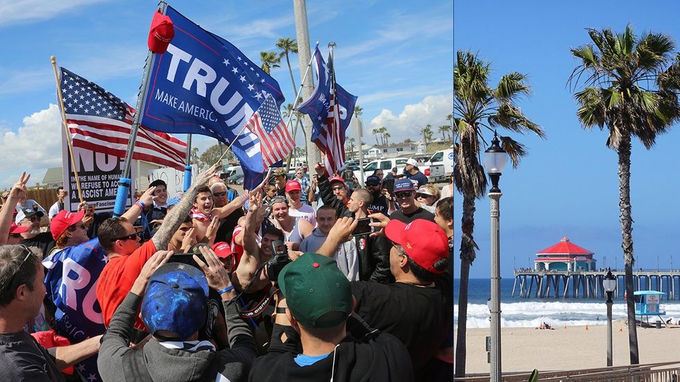 Huntington Beach California Trump Flag Supporters MAGA Hats Ultra Conservative News Swarm Palm Trees City Pier