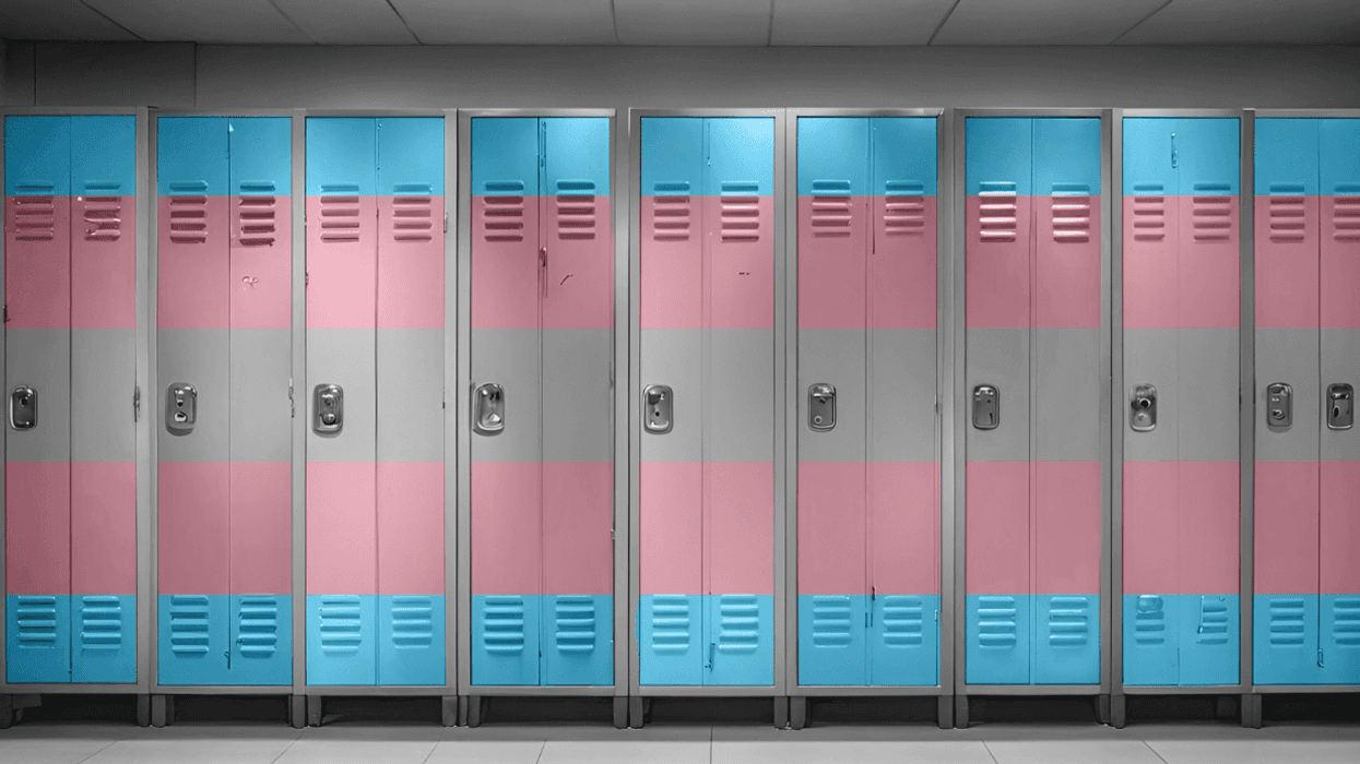I row of school lockets with trans flag colors on them.