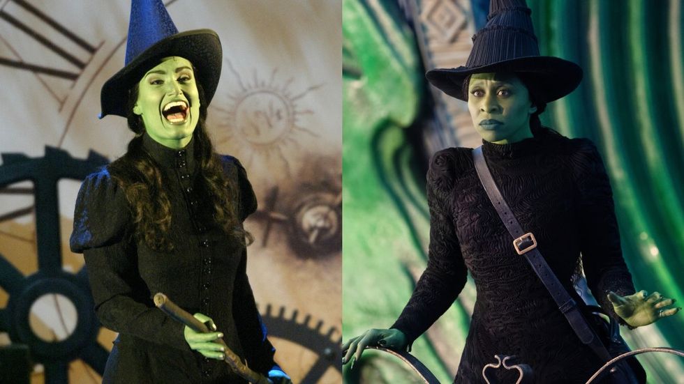 Idina Menzel in the Wicked musical; Cynthia Erivo in the Wicked movie