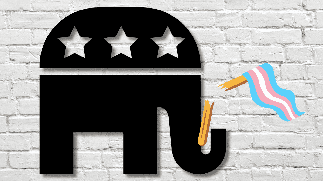 Illustration of a black Republican elephant with a broken trunk reaching toward a transgender Pride flag against a white brick wall.