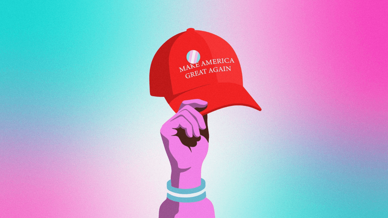 Illustration of a hand holding a red "Make America Great Again" hat.