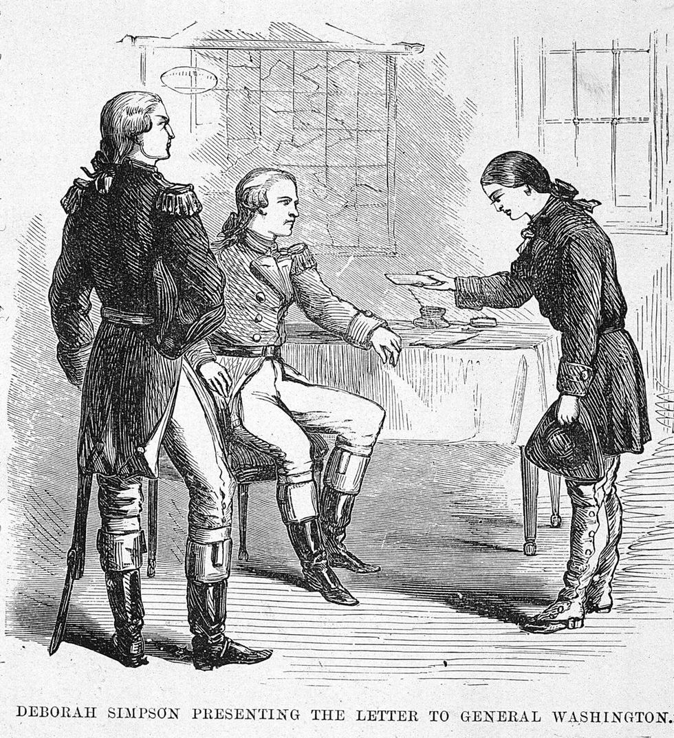 illustration of American soldier Deborah Sampson delivering a letter to George Washington