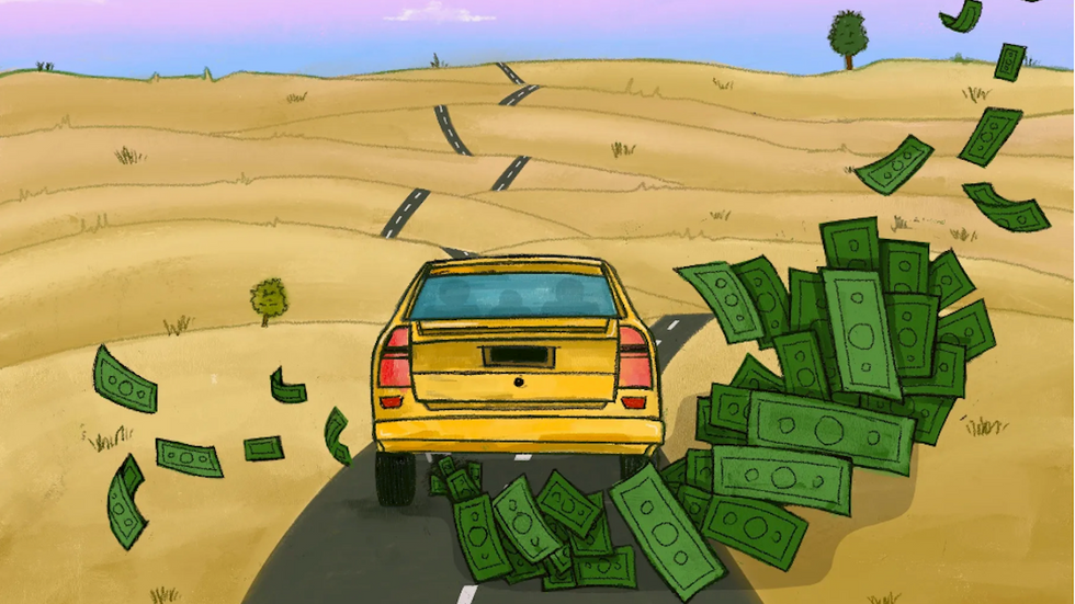 Illustration of car with money coming out of it
