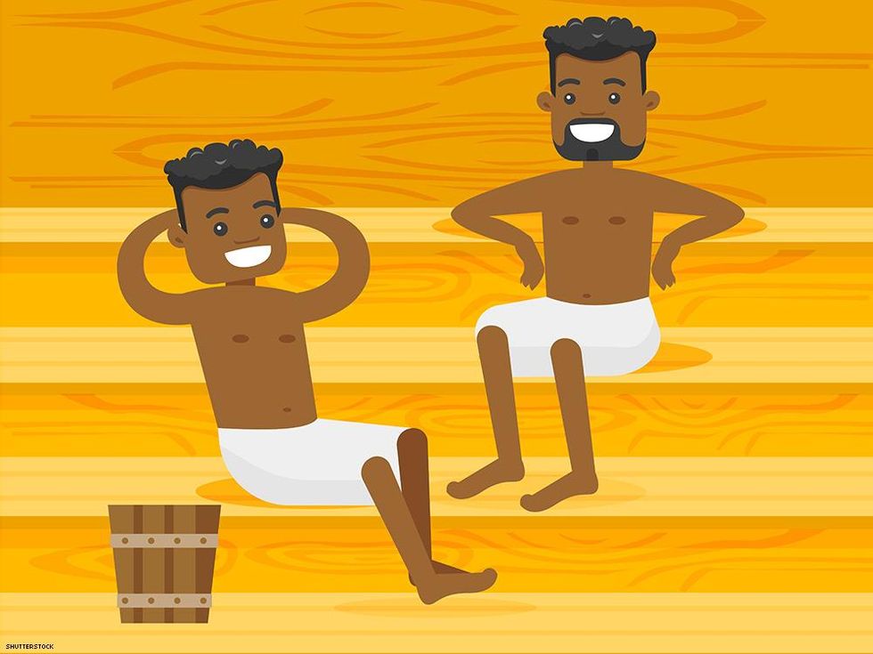 illustration of wood sauna with two men talking and a bucket
