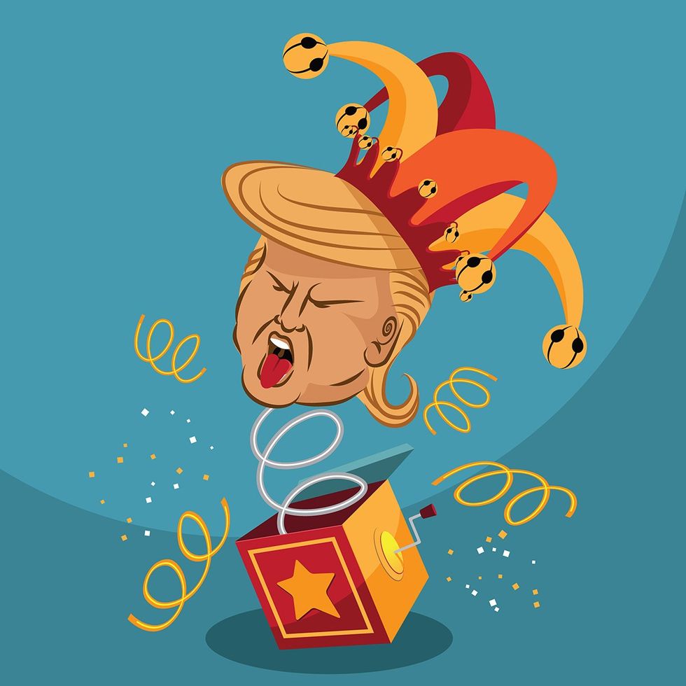 Illustrative editorial cartoon of Donald Trump as a Jack in the Box or fool with jester hat