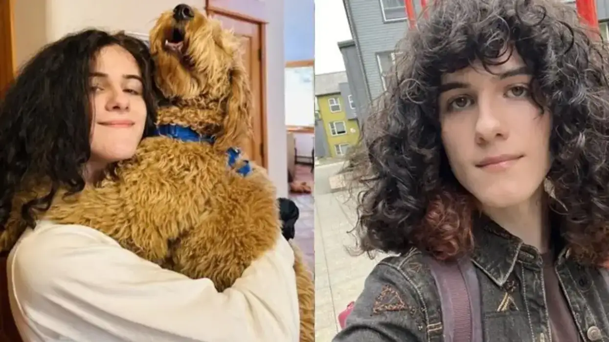 images of Juniper Blessing holding a dog in the leftmost image, posing on campus on the right