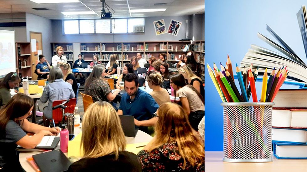 Intermediate School Frenchtown Montana Teacher Gathering Rainbow Pencils Books Desk