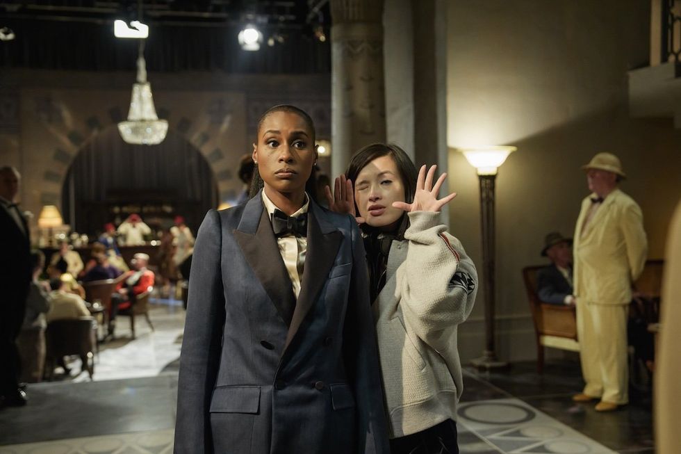 Issa Rae and director Haolu Wang on the set of Black Mirror's "Hotel Reverie"