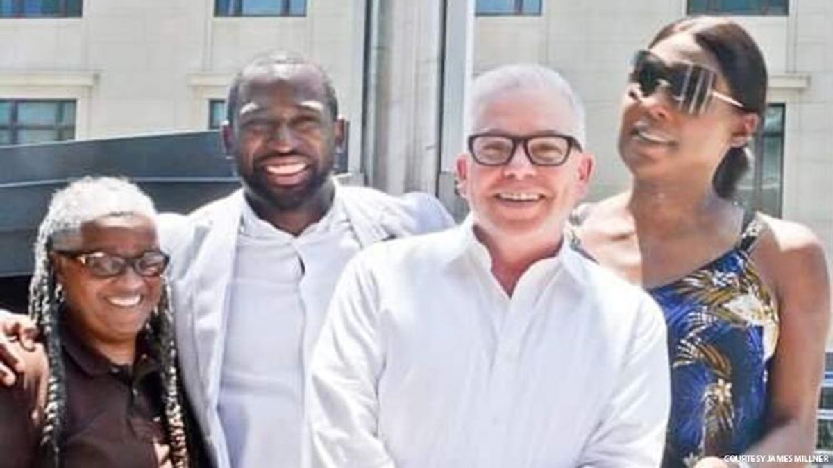James Millner (center) Director of Virginia Pride, with Richmond Mayor, Levar Stoney, Black Pride RVA co-Founder Luise “Cheezi” Farmer (left) and Zakia McKensey, founder of Nationz Foundation at the Pride Flag-raising ceremony at Richmond City Hall on Jun