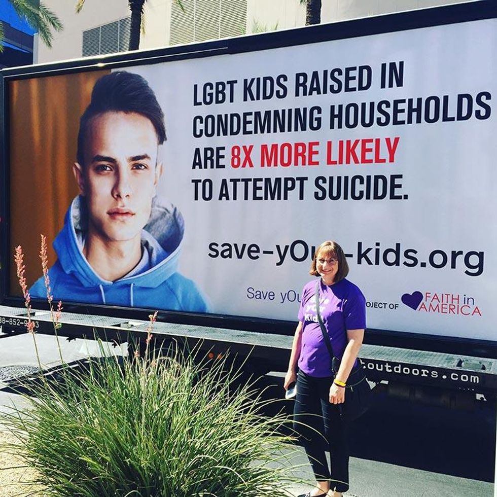 Jane Clementi, cofounder of the Tyler Clementi Foundation, with another of the billboards.