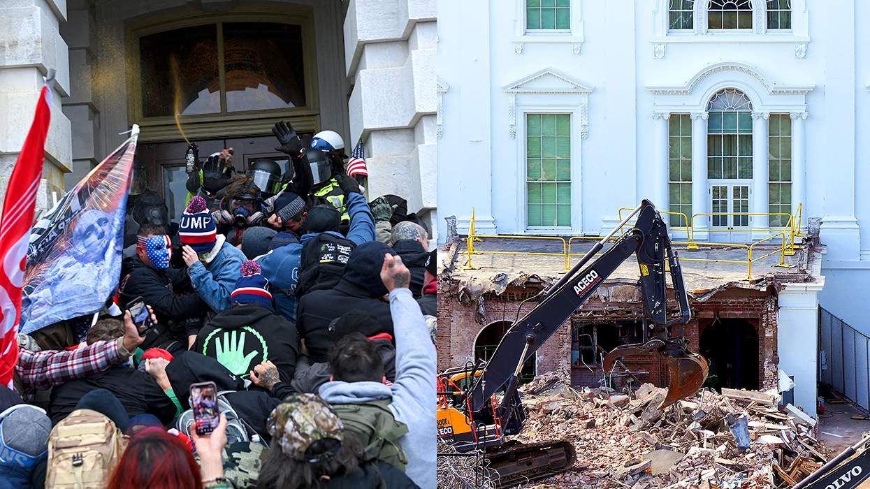 January 6th 2021 Capitol building being ransacked by Donald Trump 2020 supporters after stop the steal rally alongside excavator destroying east wing of white house washington DC