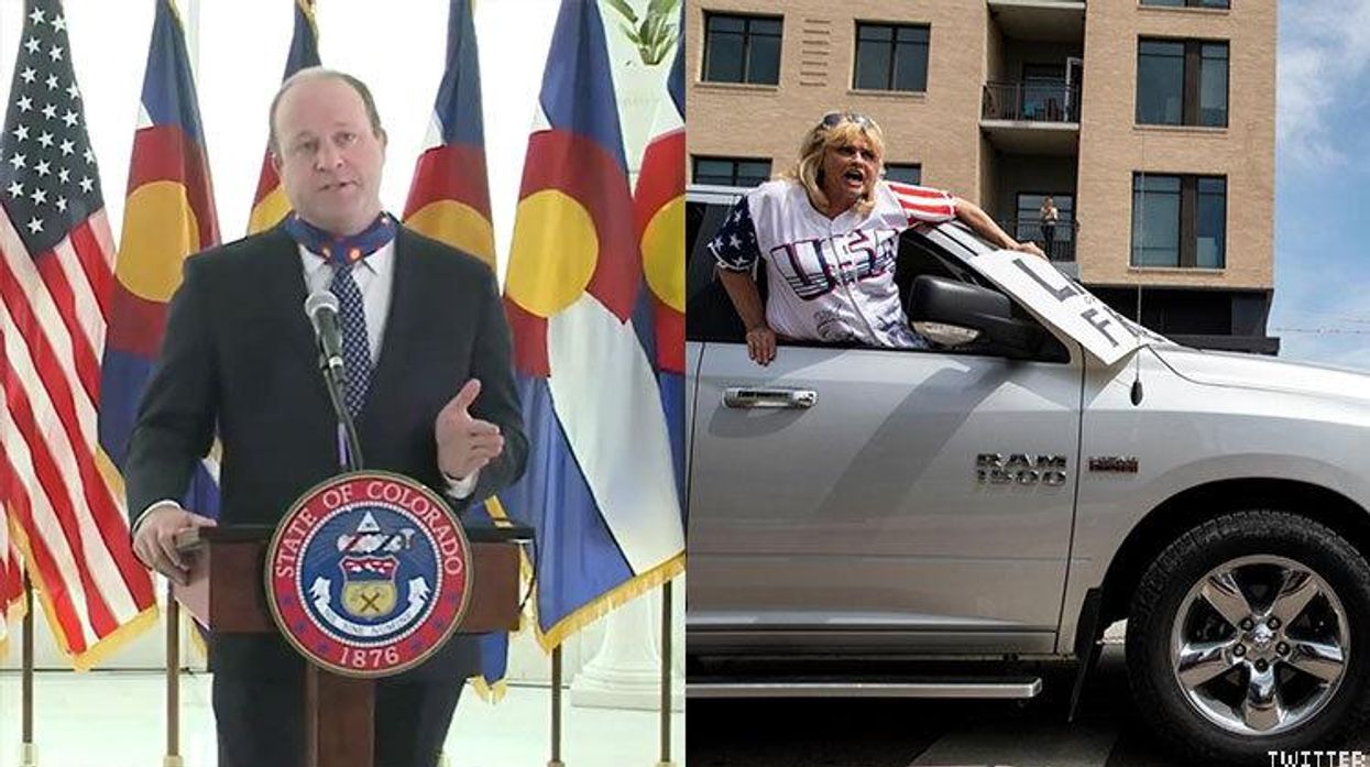 Jared Polis and protester