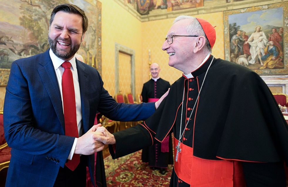 JD Vance shaking hands with \u200bVatican Secretary of State Cardinal Pietro Parolin