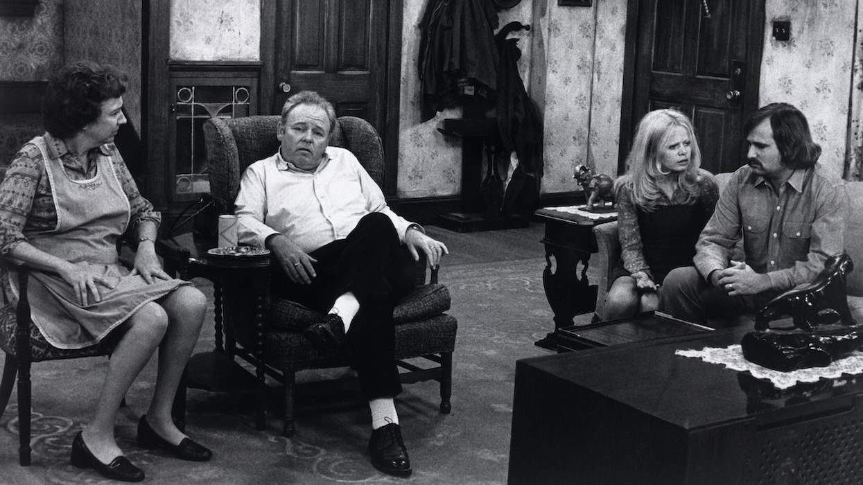 Jean Stapleton, Carol O'Connor, Sally Struthers, and Rob Reiner in a scene from the T.V. series 'All in the Family.'