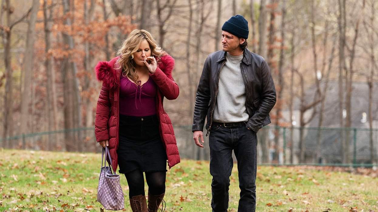 Jennifer Coolidge and Lewis Pullman from the film "Riff Raff," which opens today.