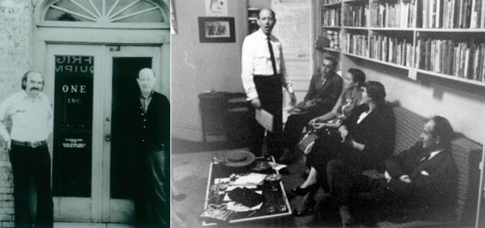 Jim Kepner (left) and W. Dorr Legg standing outside the ONE Inc. offices on Venice Boulevard in Los Angeles; undated. Above right: W. Dorr Legg stands before ONE Inc. staff and author Harry Otis (far right)