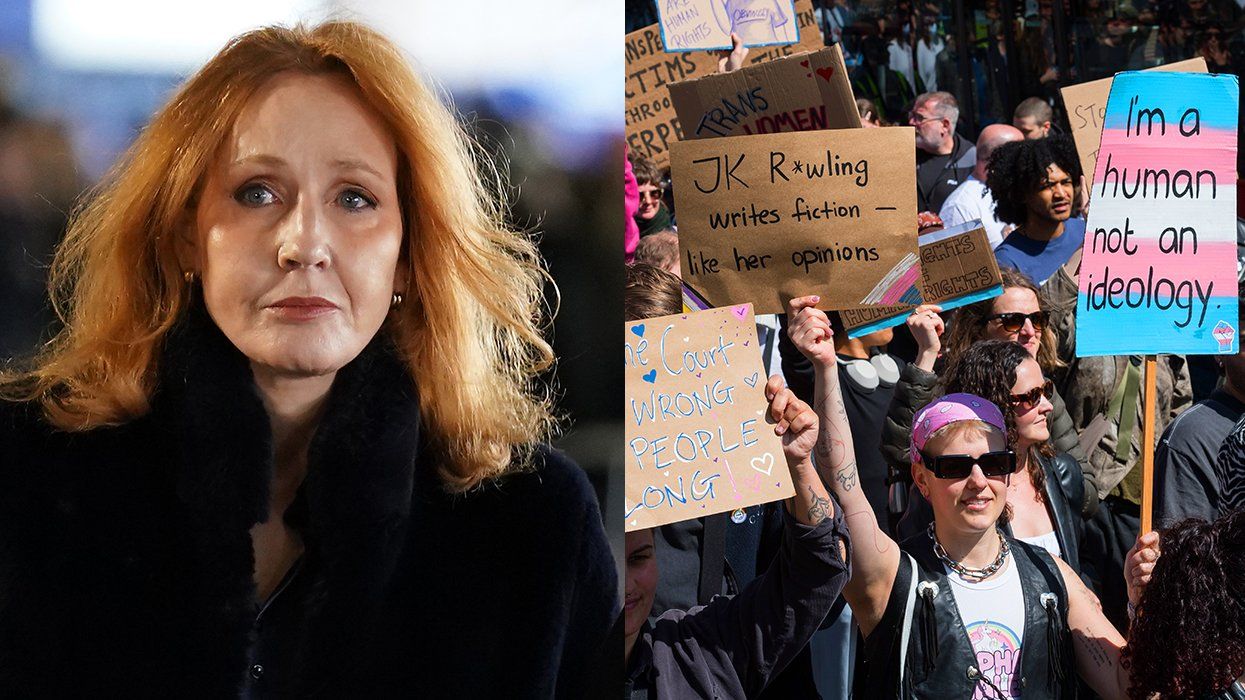 JK Rowling February 2024 alongside anti TERF transgender advocates protest, APRIL 2025, London