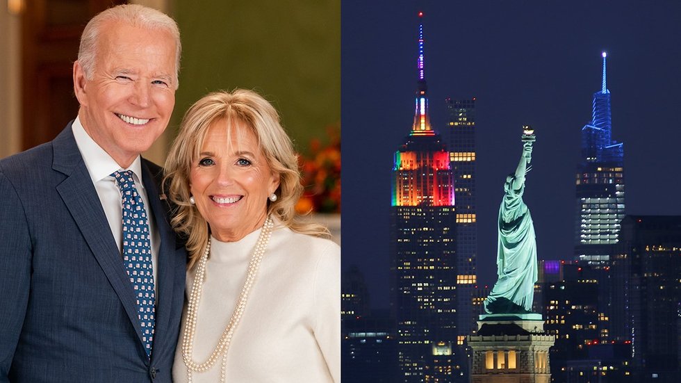 joe biden jill biden NYC statue of liberty empire state building lights rainbow lgbtq pride month june