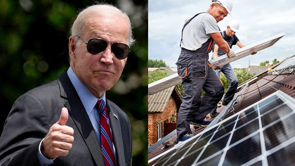 Joe Biden rayban aviator sunglasses thumbs up workers installing roof solar panels