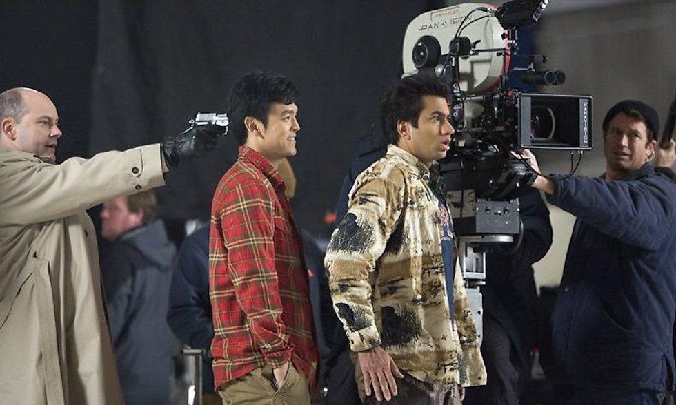 John Cho and Kal Penn on set of Harold and Kumar film