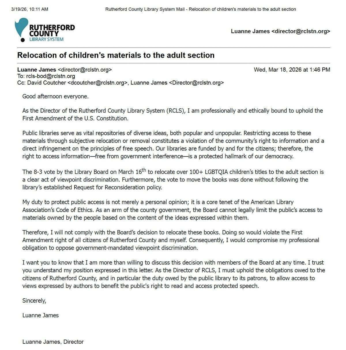 juanne james email to rcls board