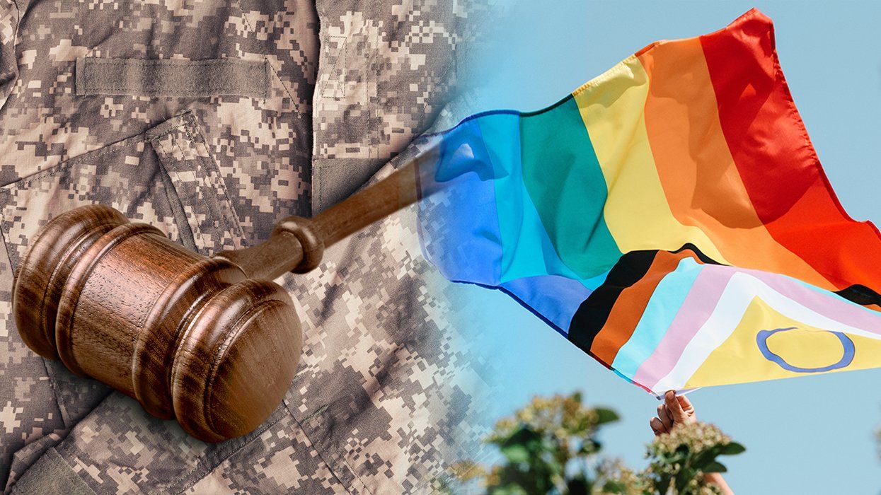 judge gavel on military uniform faded into progress pride flag waving in breeze