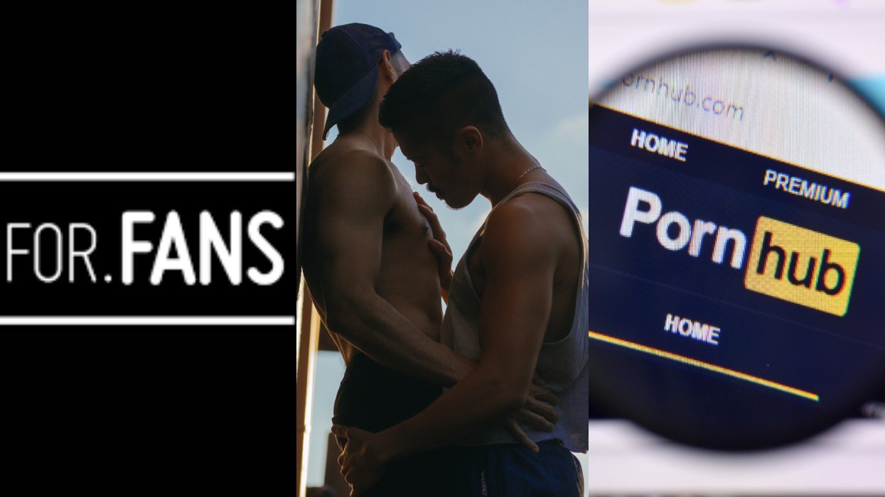 Justforfans logo, two men embracing, pornhub logo