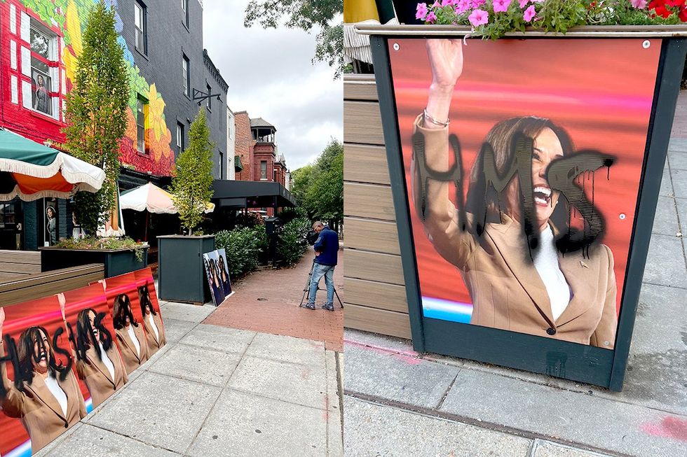 Kamala Harris portrait vandalized by Nicholas Goldstein at Washington DC LGBTQ bar Little Gay Pub