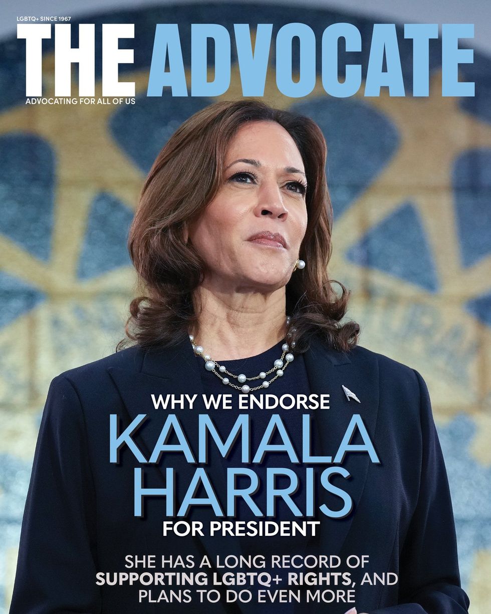 Kamala Harris with text over the image reading "She has a long record of supporting LGBTQ+ rights, and plans to do even more"