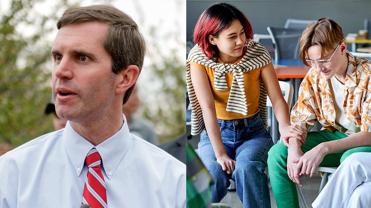 Kentucky Governor Andy Beshear alongside teen group therapy session