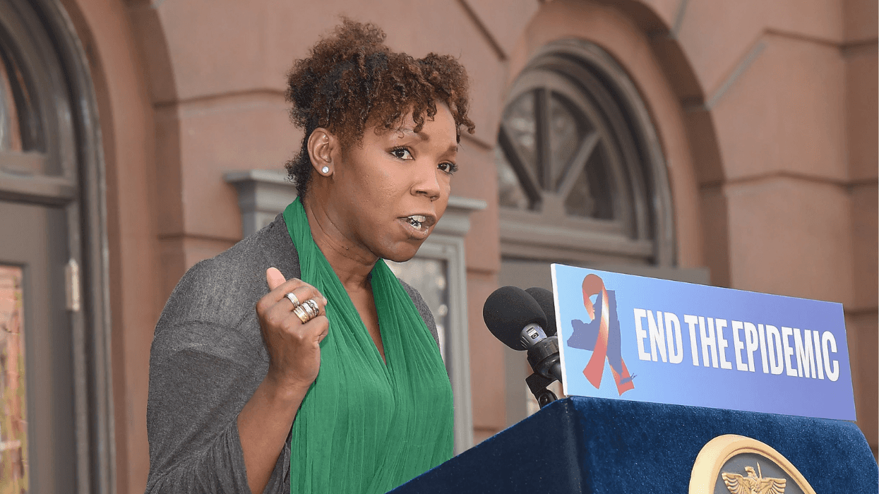 Kiara St. James speaks at a podium during an End the Epidemic press conference in New York City.