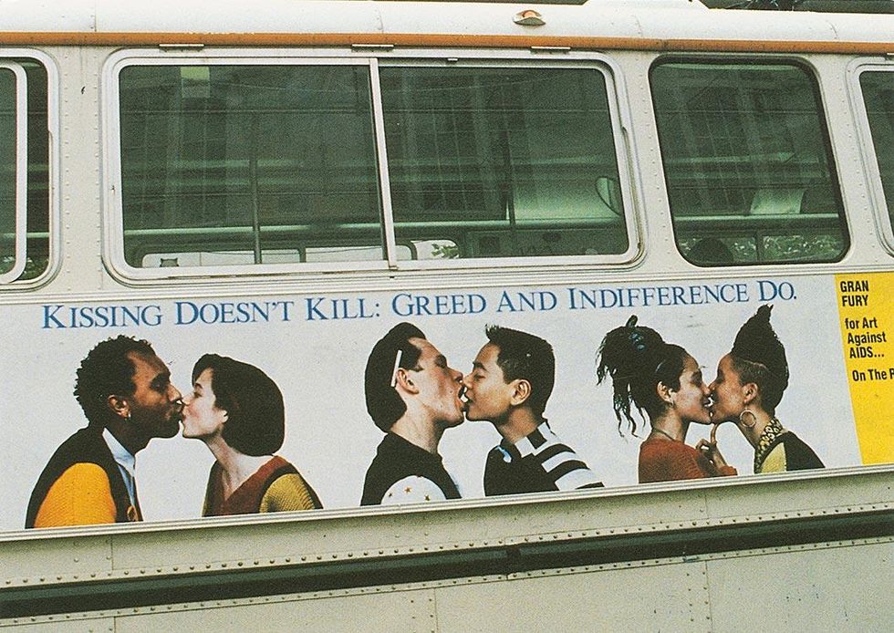 Kissing Doesn\u2019t Kill: Greed and Indifference Dobus poster, design by Gran Fury for Art Against AIDS/On The Road and Creative Time, Inc.