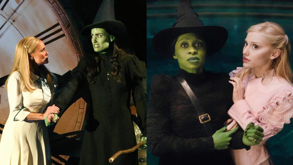 Kristin Chenoweth and Idina Menzel in the Wicked musical; Cynthia Erivo and Ariana Grande in the Wicked movie