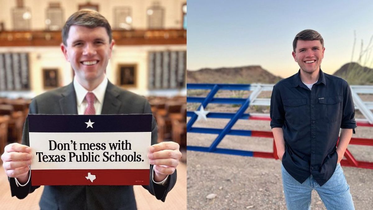 (L) James Talarico holding a 'Don't mess with Texas Public Schools' sign, (R) James Talarico