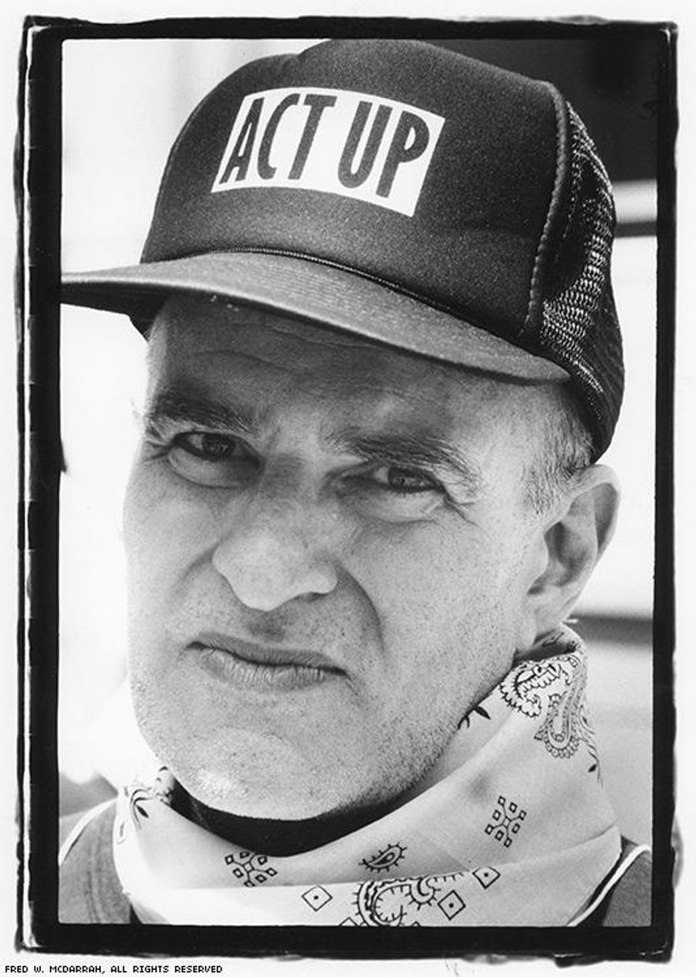 Larry Kramer, playwright and activist, photographed on Union Square at a rally to save the National Endowment for the Arts, May 15, 1990.