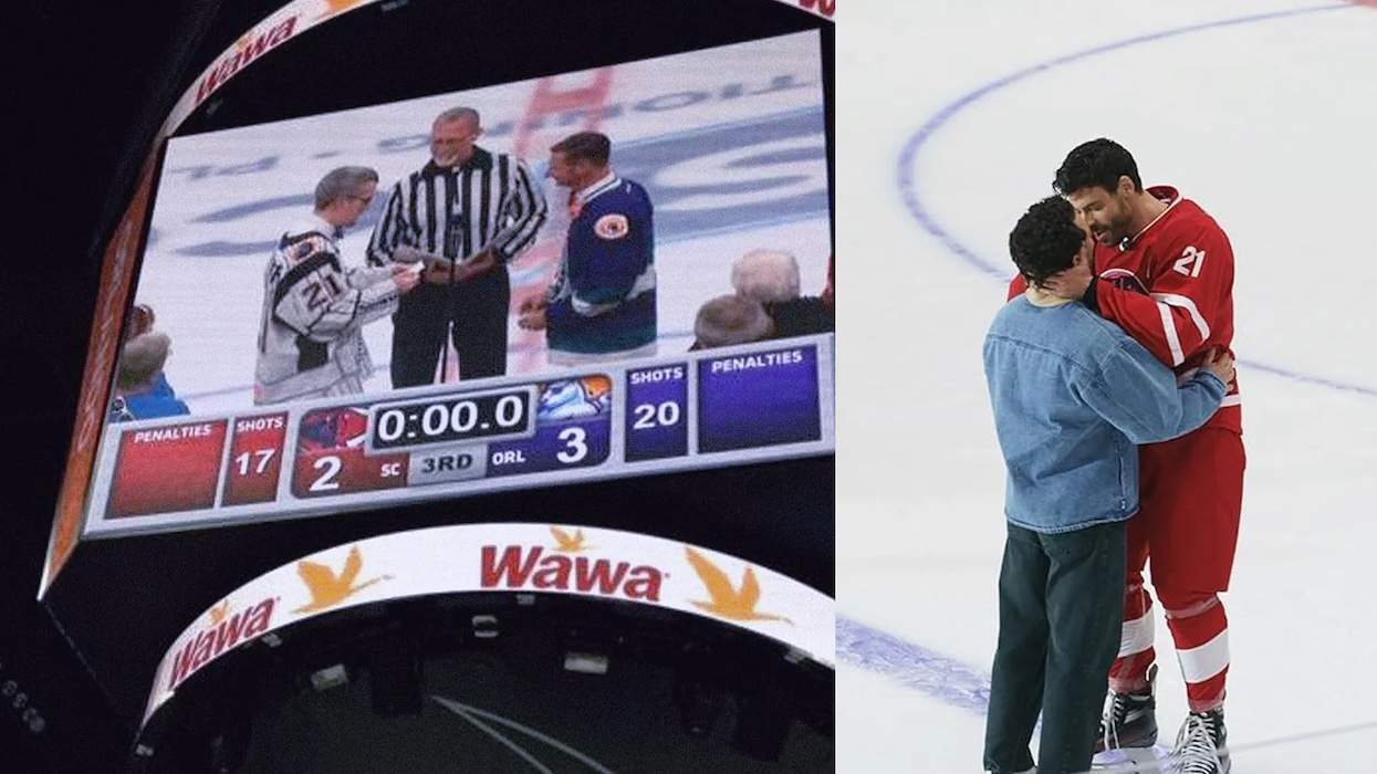 Left: Eric Pinder and Dwayne Smoot are married on the ice at the Orlando Solar Bears arena in Orlando, Florida. Right: A still from the TV series Heated Rivalry shows Scott Hunter and Kip Grady sharing a tender moment on the ice.