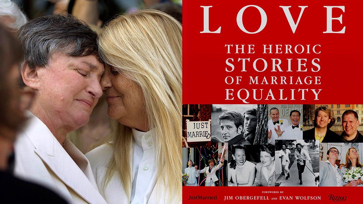 Lesbian couple Robin Tyler and Diane Olson are joined in marriage the first legally recognized samesex marriage in Los Angeles County at the Beverly Hills courthouse June 16 2008 alongside book cover heroic stories of marriage equality