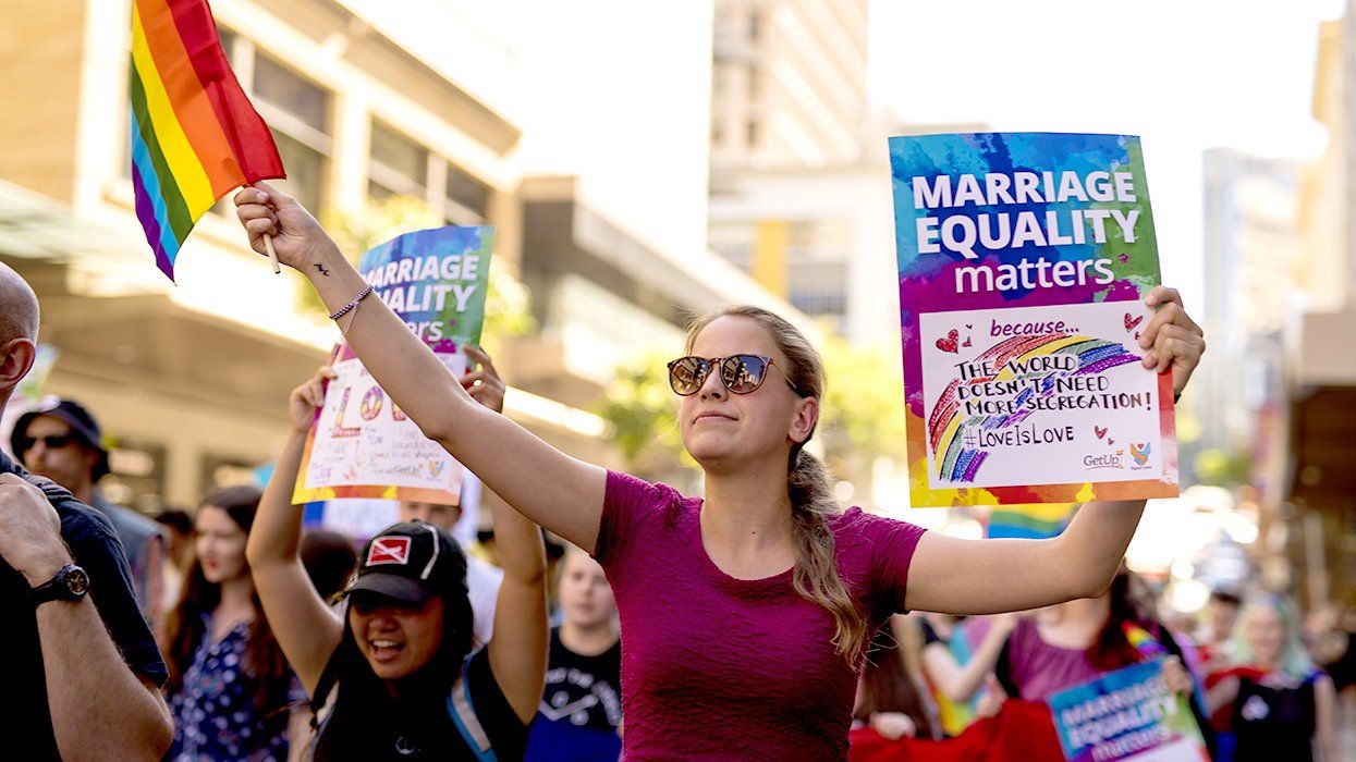LGBTQ Pride March Marriage Equality Protest Sign Rainbow Flags
