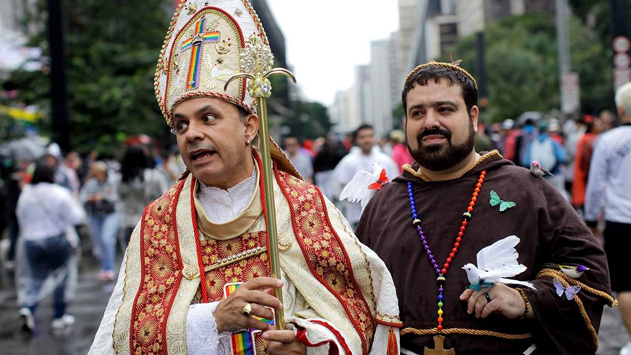 LGBTQ pride parade celebrates queer friendly catholic pope saint francis rainbow cross Sao Paulo Brazil