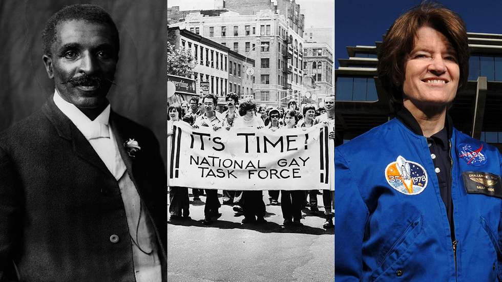 LGBTQ STEM Day photo gallery including George Washington Carver National Gay Task Force 1975 Sally Ride
