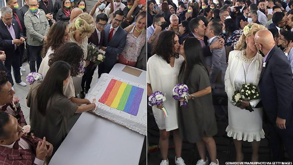 LGBTQIA+ couples kissing and cutting a rainbow wedding cake during a Mexico City Pride Month mass ceremony.