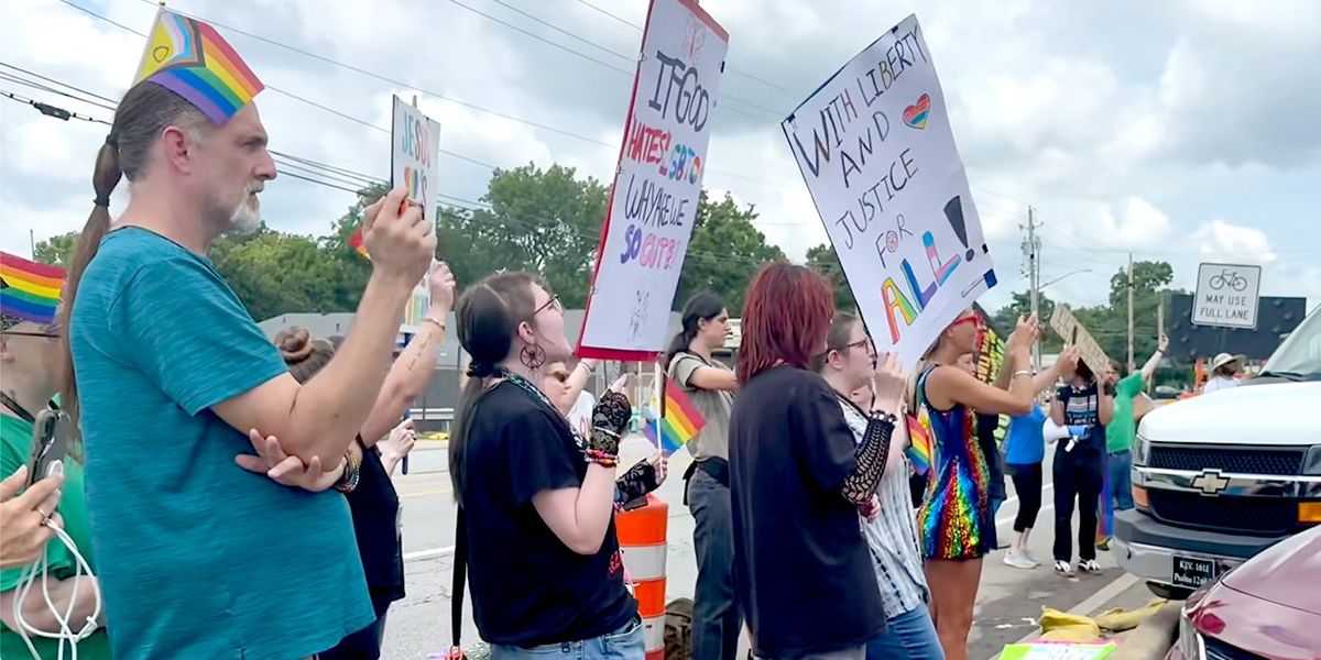 Indiana LGBTQ+ rights protesters surround strip-mall church that preaches death for 'sodomites'